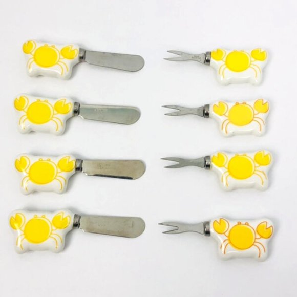 Appetizer Forks & Spreaders Set of 8 Ceramic Crab Handles Hor D'oeuvres Knifes - Picture 1 of 5
